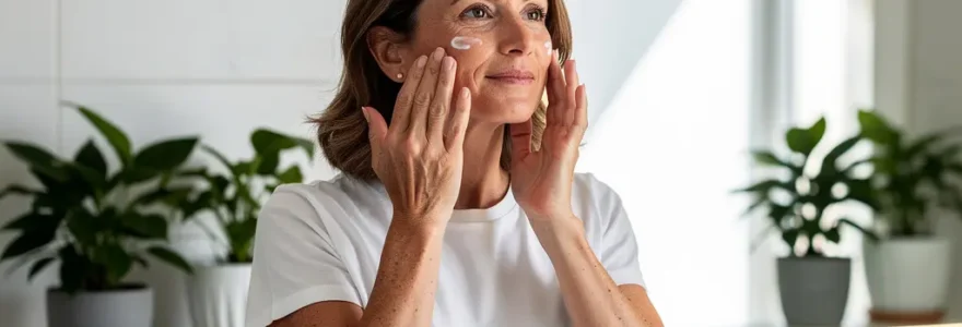 Donna italiana applica siero naturale ai funghi funzionali sul viso in bagno luminoso