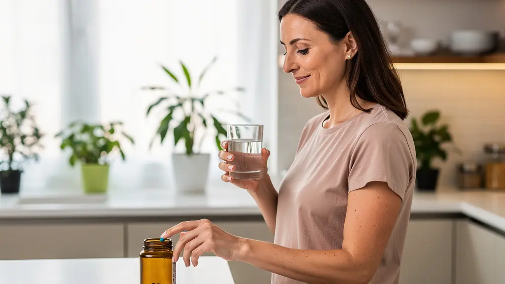 Donna italiana assume capsula integratore funghi funzionali in cucina luminosa