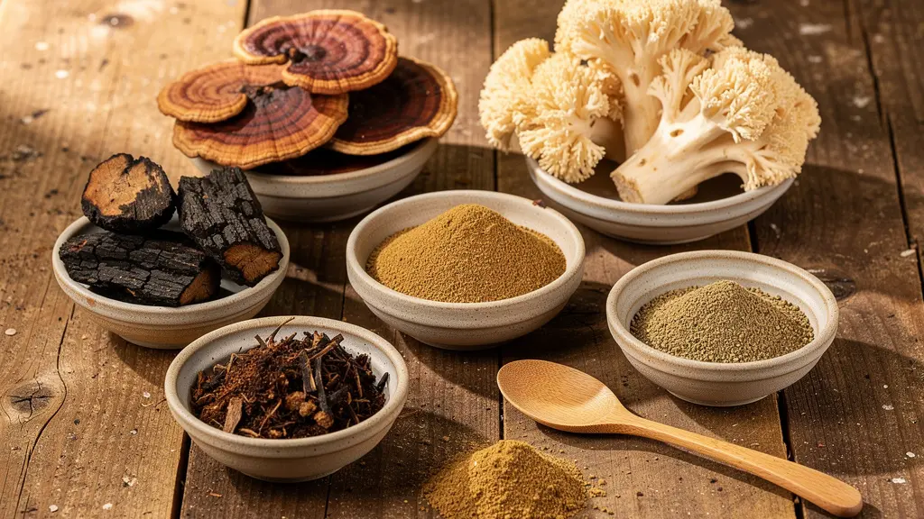 Varietà di funghi funzionali Reishi Chaga in polvere e secchi su tavolo legno