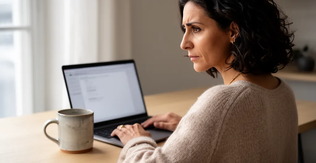 Donna italiana al lavoro concentrata su laptop in home office moderno