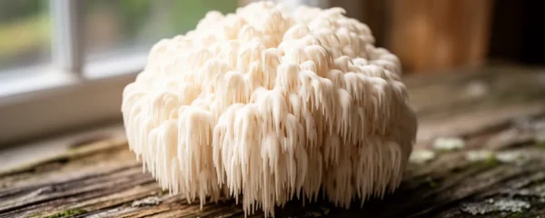 Fungo Lion's mane fresco con tipiche cascate bianche su superficie in legno naturale