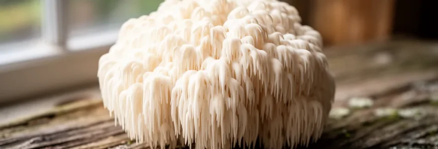 Fungo Lion's mane fresco con tipiche cascate bianche su superficie in legno naturale