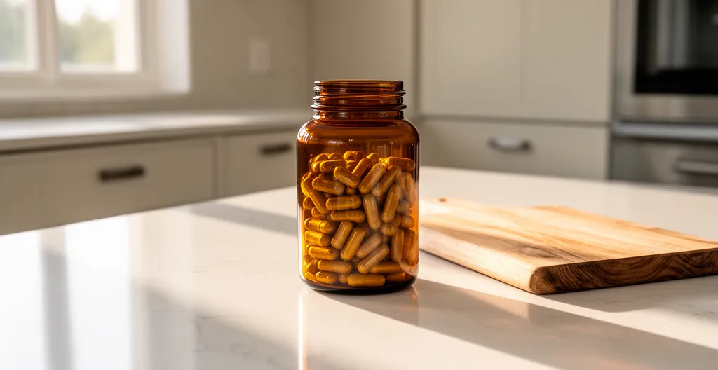 Barattolo di integratore in capsule su piano cucina moderno in stile lifestyle